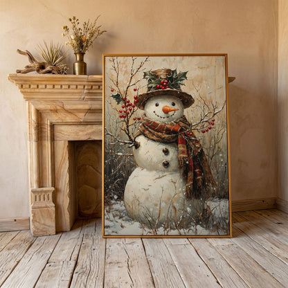 Vintage Snowman with Holly Canvas in antique gold floating frame