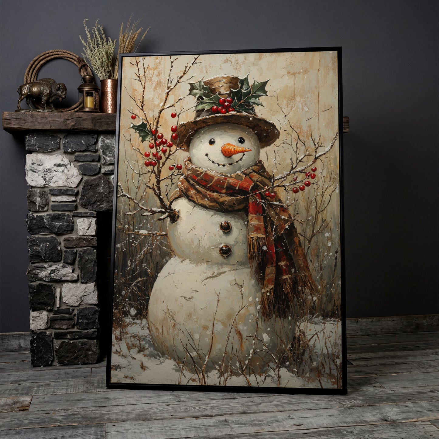 Vintage Snowman with Holly Canvas in black floating frame