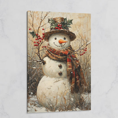 Vintage Snowman with Holly Canvas on gallery wrap