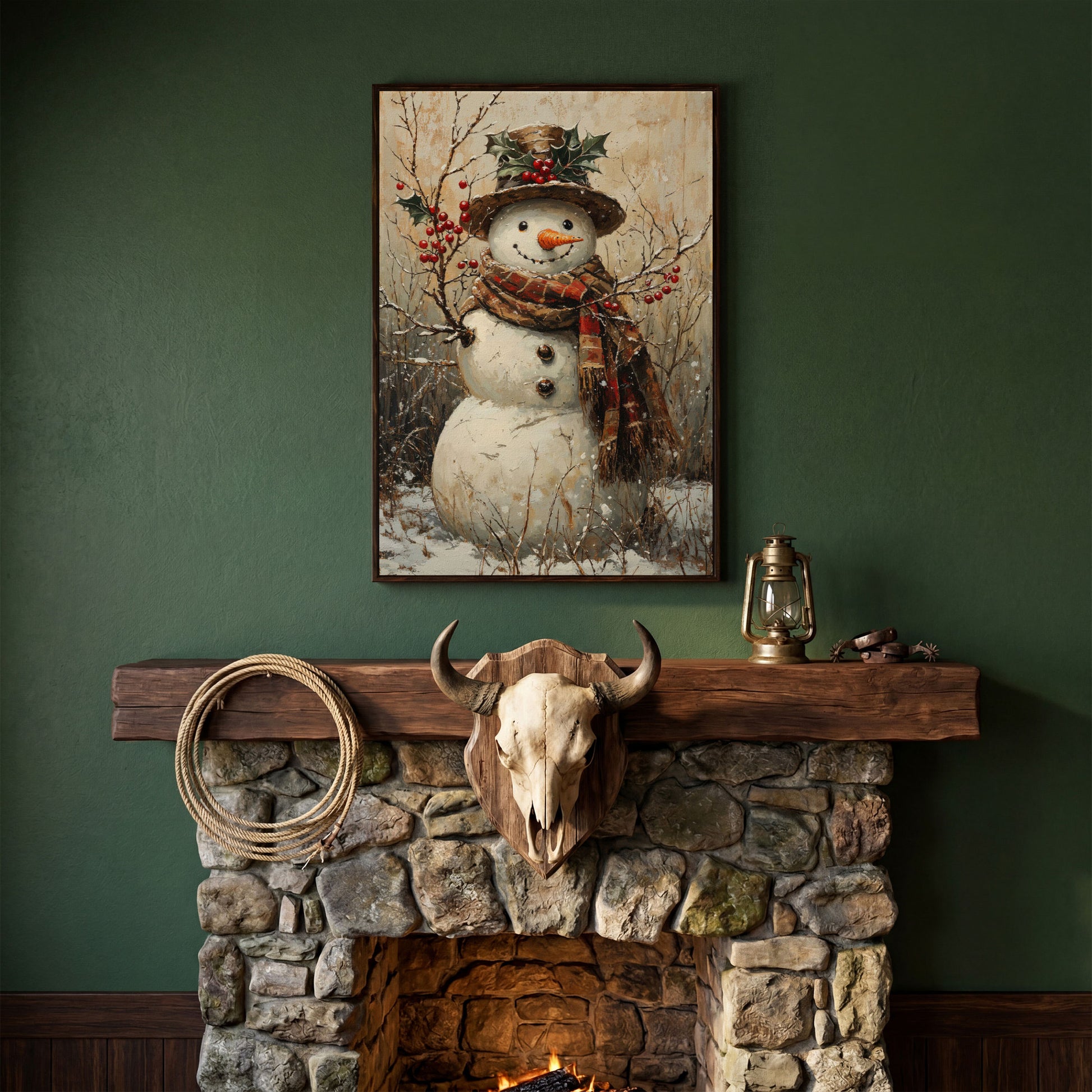 Vintage Snowman with Holly Canvas in dark walnut floating frame