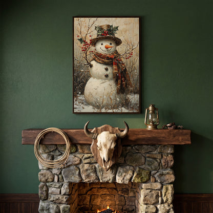 Vintage Snowman with Holly Canvas in dark walnut floating frame