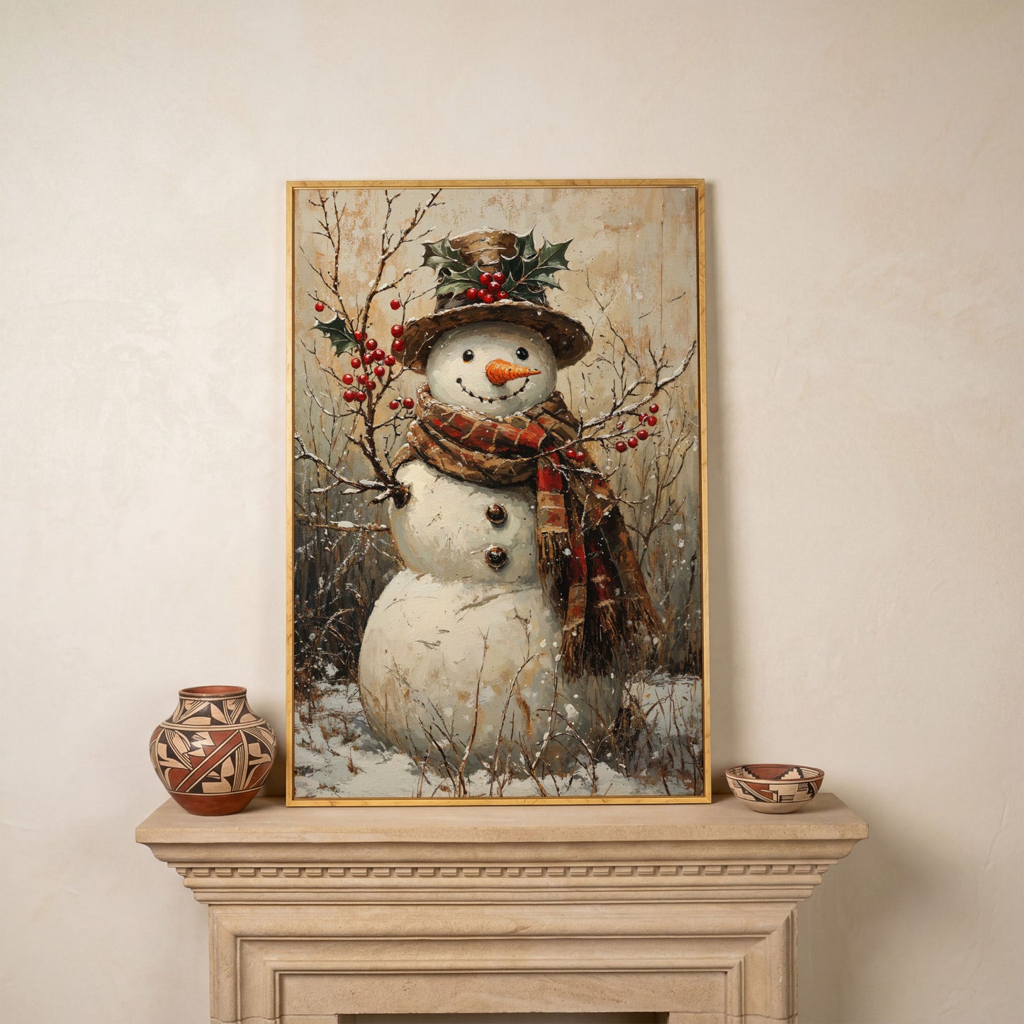 Vintage Snowman with Holly Canvas in white oak floating frame