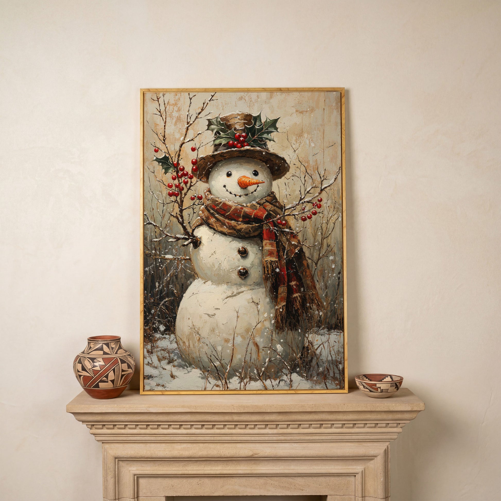 Vintage Snowman with Holly Canvas in white oak floating frame