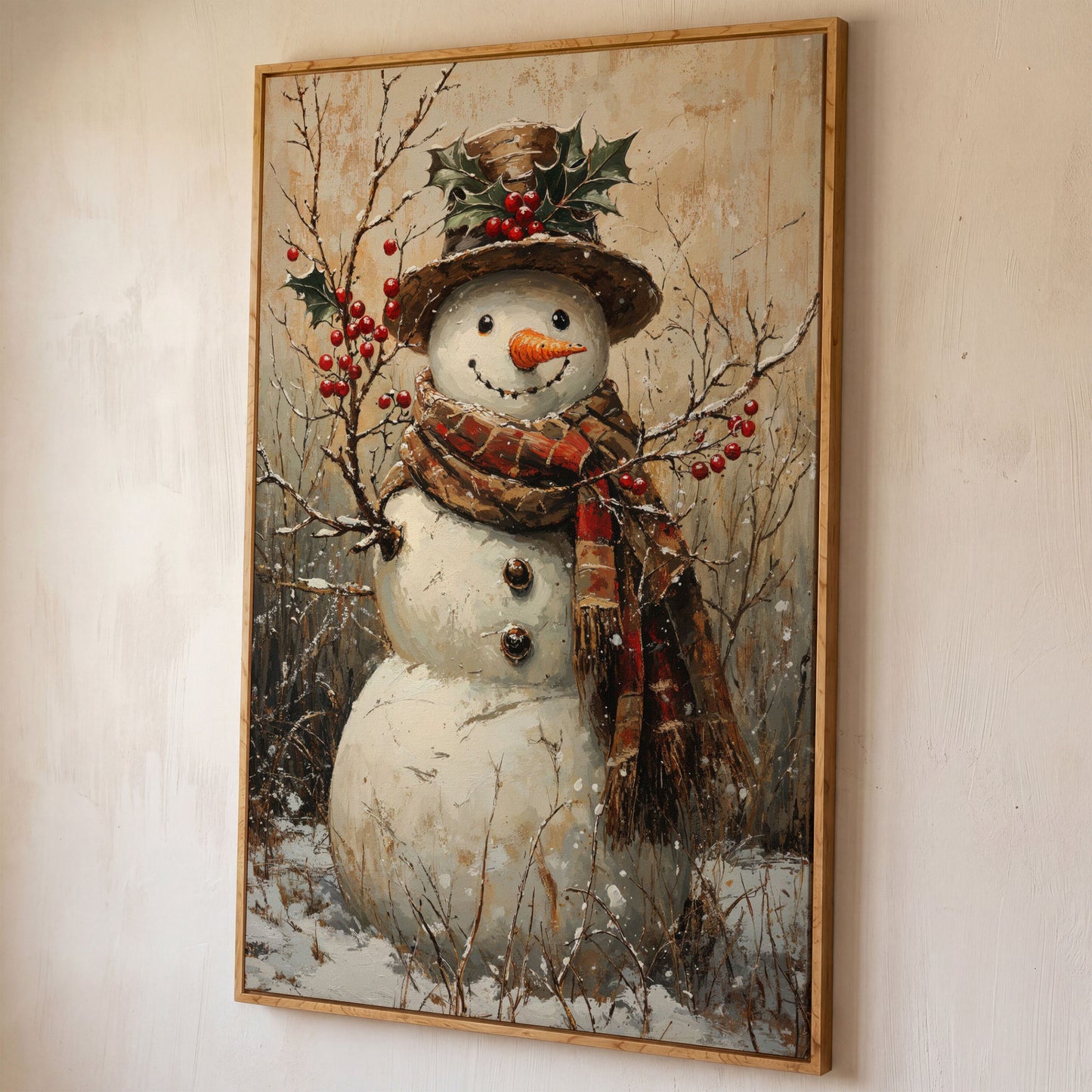 Vintage Snowman with Holly Canvas shown in white oak floating frame