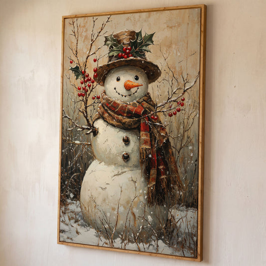Vintage Snowman with Holly Canvas shown in white oak floating frame