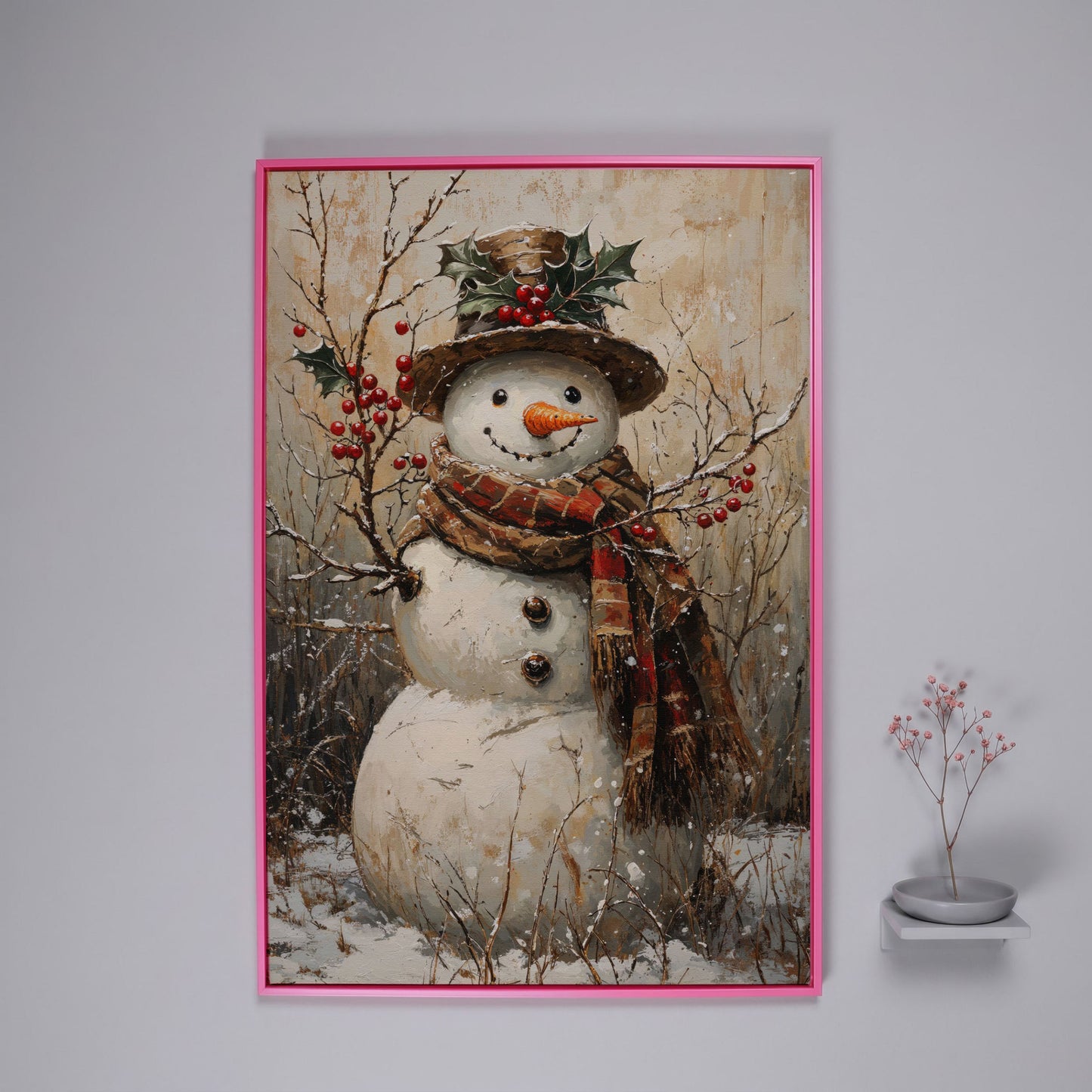 Vintage Snowman with Holly Canvas in pink floating frame