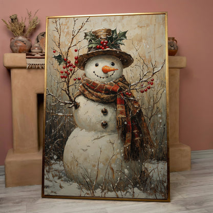 Vintage Snowman with Holly Canvas in rose gold floating frame