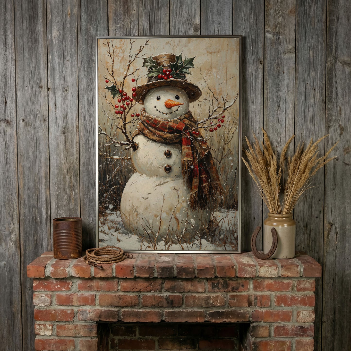 Vintage Snowman with Holly Canvas in silver floating frame