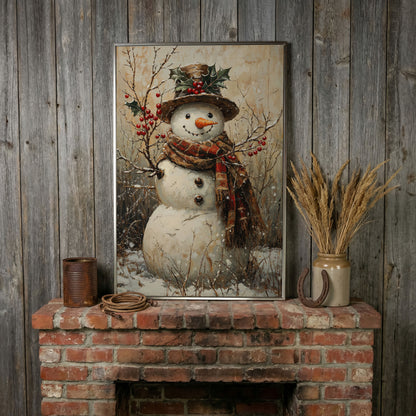 Vintage Snowman with Holly Canvas in silver floating frame