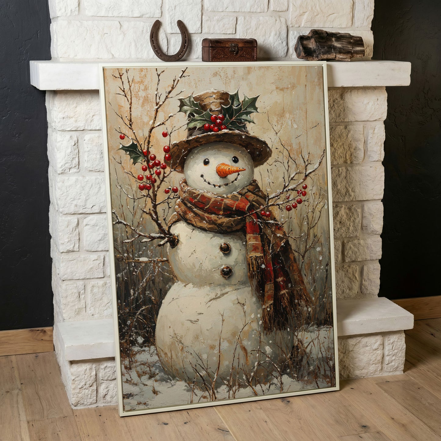 Vintage Snowman with Holly Canvas in white floating frame