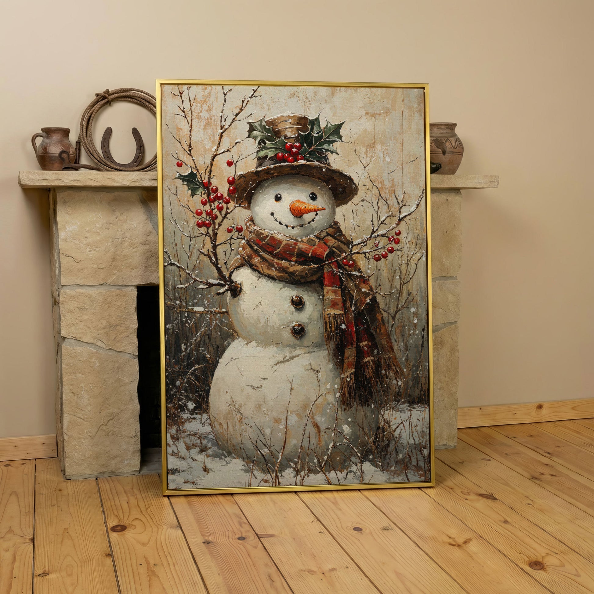 Vintage Snowman with Holly Canvas in yellow gold floating frame