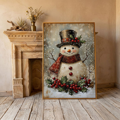 Festive Snowman with Holly Portrait Canvas in antique gold floating frame