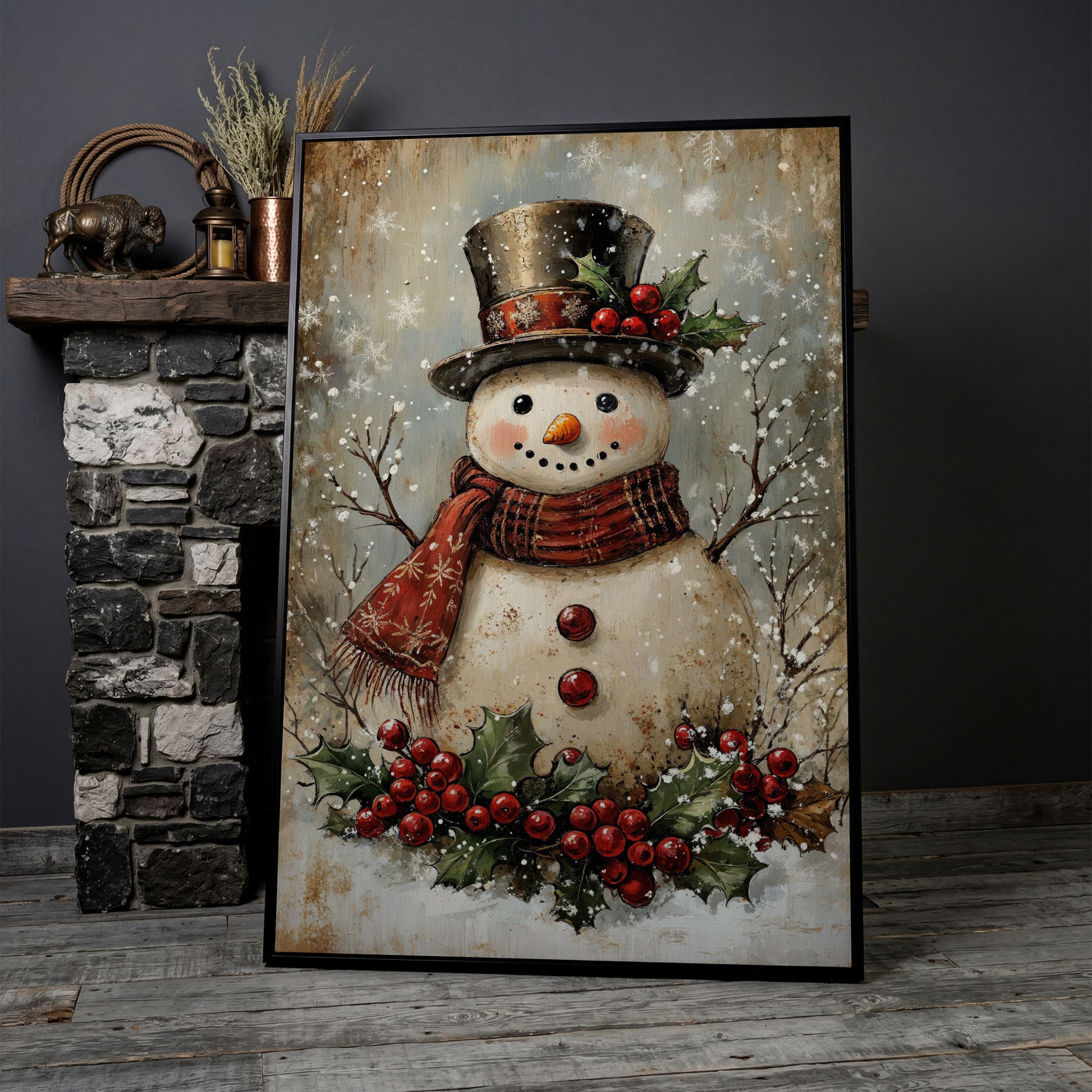 Festive Snowman with Holly Portrait Canvas in black floating frame