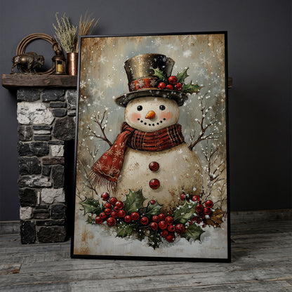Festive Snowman with Holly Portrait Canvas in black floating frame