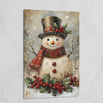 Festive Snowman with Holly Portrait Canvas on gallery wrap