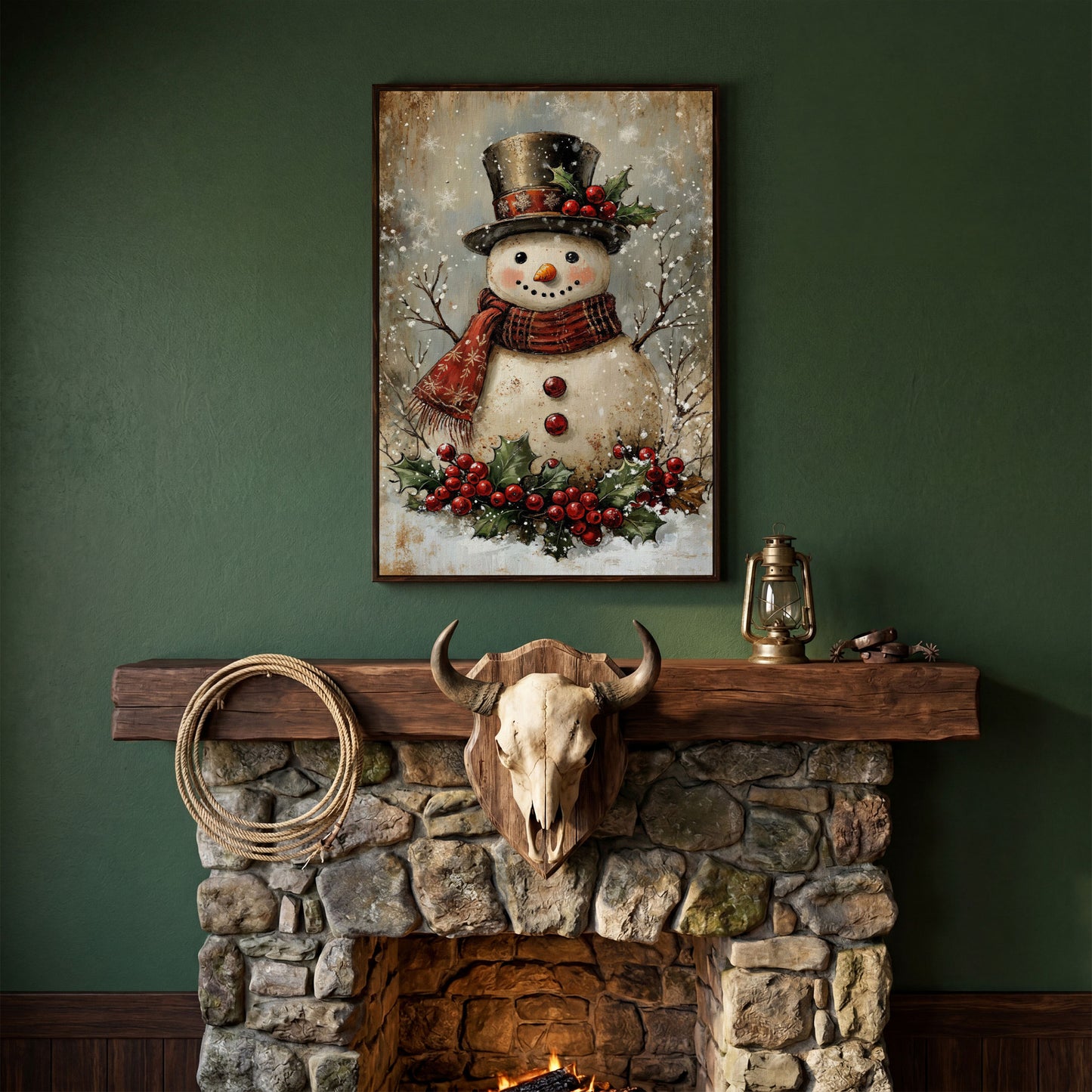 Festive Snowman with Holly Portrait Canvas in dark walnut floating frame