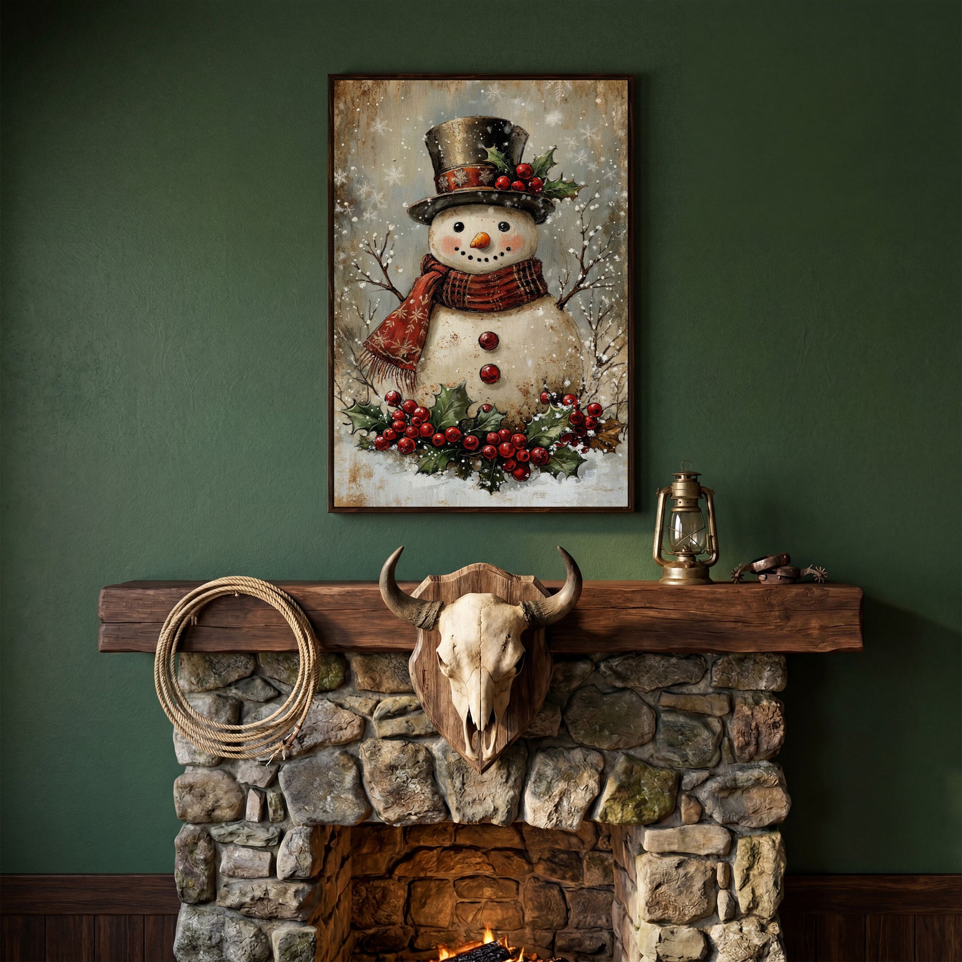 Festive Snowman with Holly Portrait Canvas in dark walnut floating frame