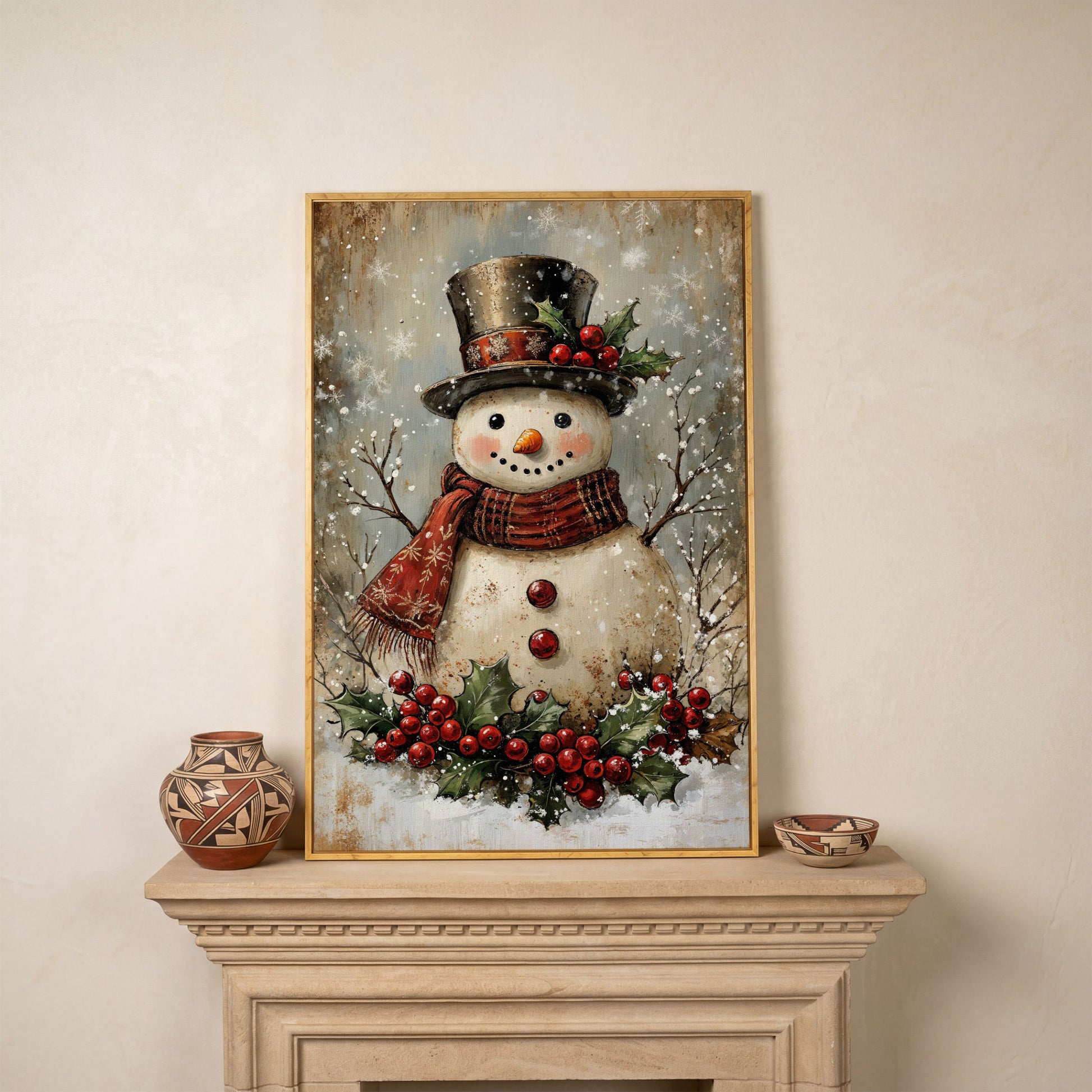 Festive Snowman with Holly Portrait Canvas in white oak floating frame