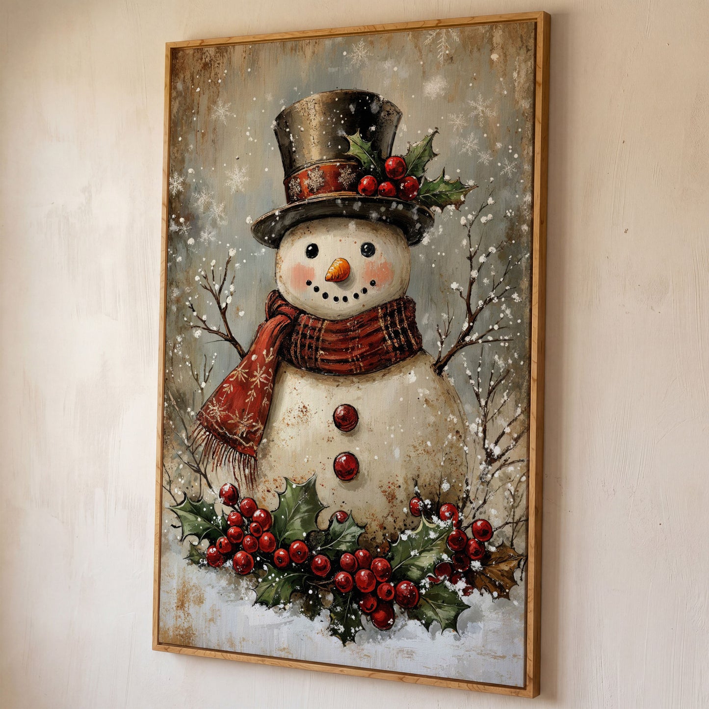 Festive Snowman with Holly Portrait Canvas shown in white oak floating frame