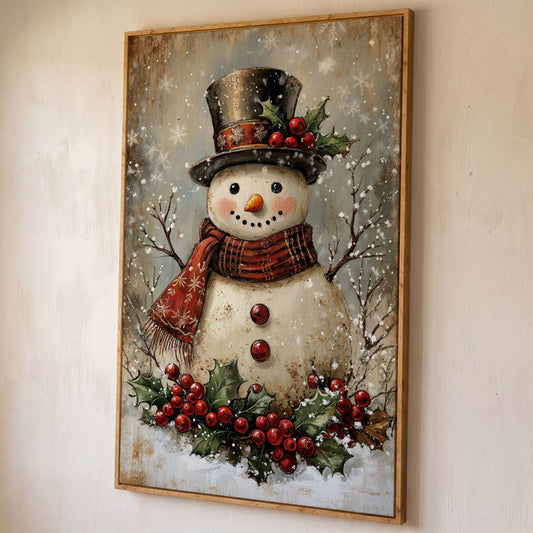 Festive Snowman with Holly Portrait Canvas shown in white oak floating frame