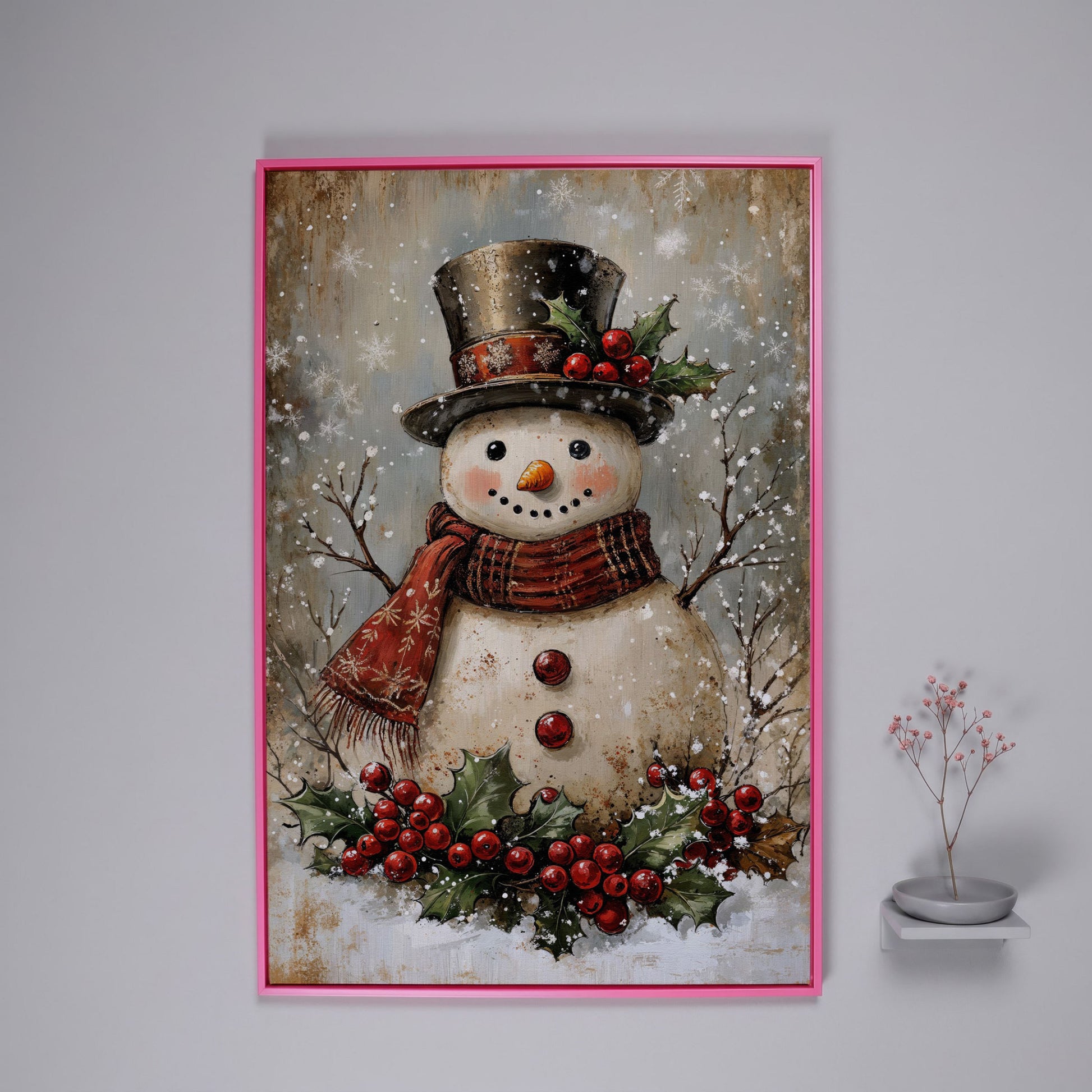Festive Snowman with Holly Portrait Canvas in pink floating frame