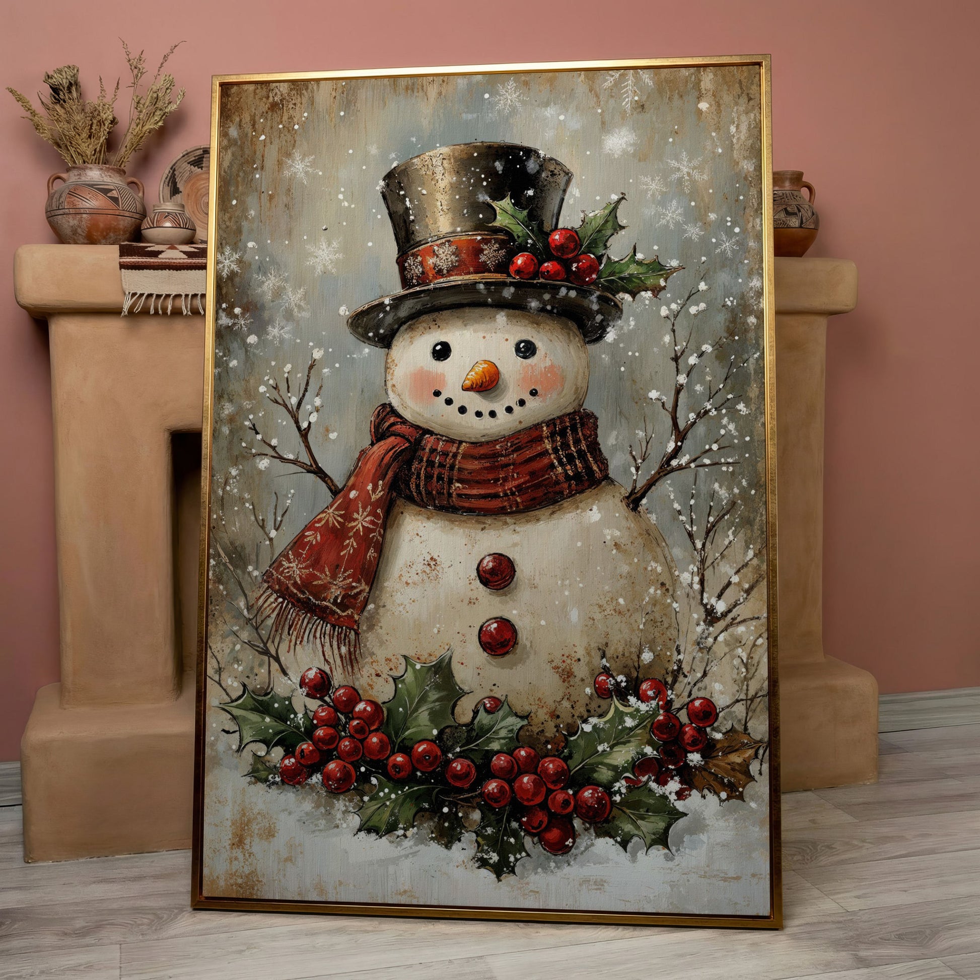 Festive Snowman with Holly Portrait Canvas in rose gold floating frame