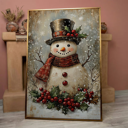 Festive Snowman with Holly Portrait Canvas in rose gold floating frame