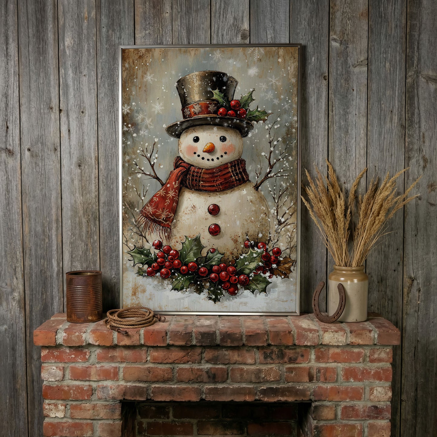 Festive Snowman with Holly Portrait Canvas in silver floating frame