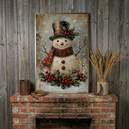Festive Snowman with Holly Portrait Canvas in silver floating frame