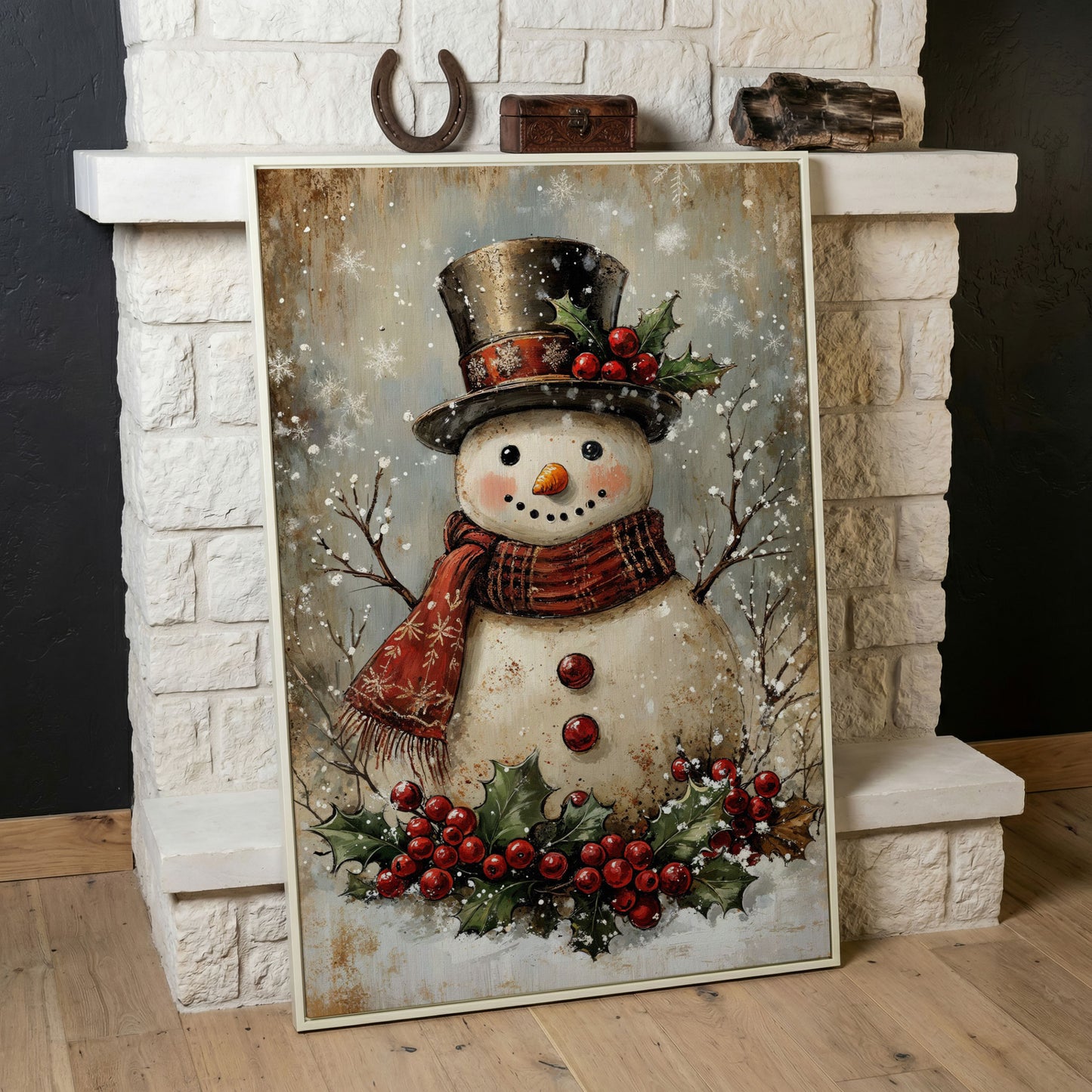 Festive Snowman with Holly Portrait Canvas in white floating frame