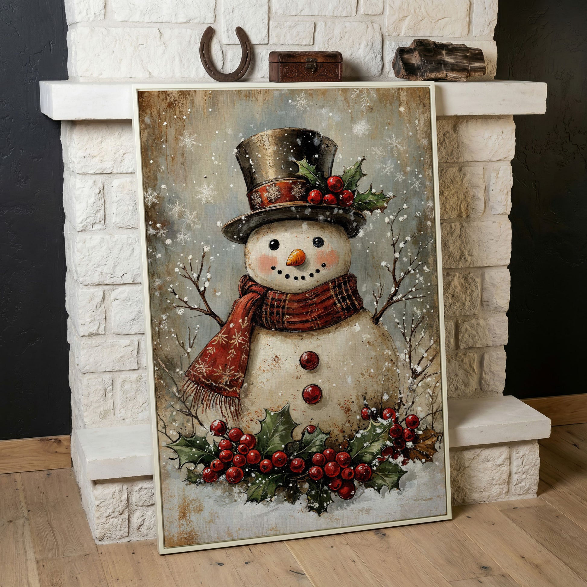Festive Snowman with Holly Portrait Canvas in white floating frame