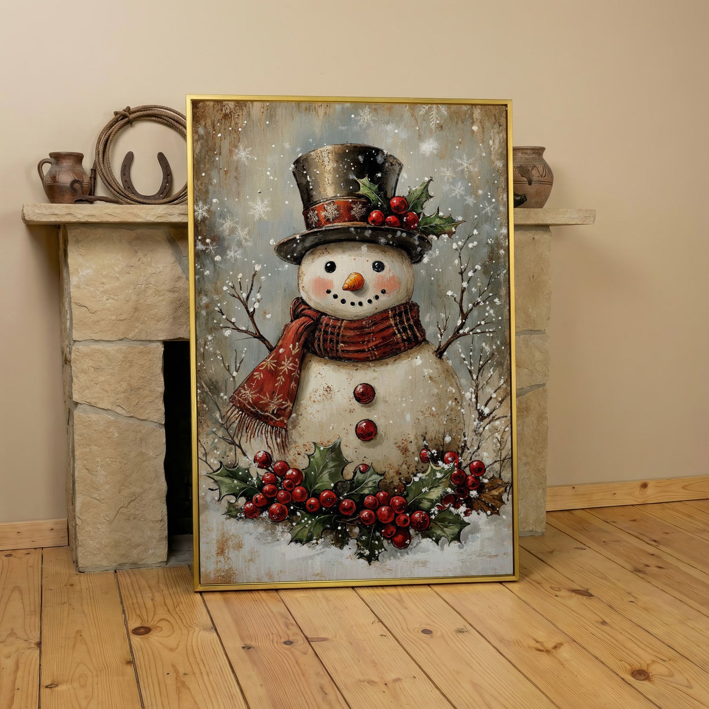 Festive Snowman with Holly Portrait Canvas in yellow gold floating frame
