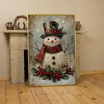 Festive Snowman with Holly Portrait Canvas in yellow gold floating frame