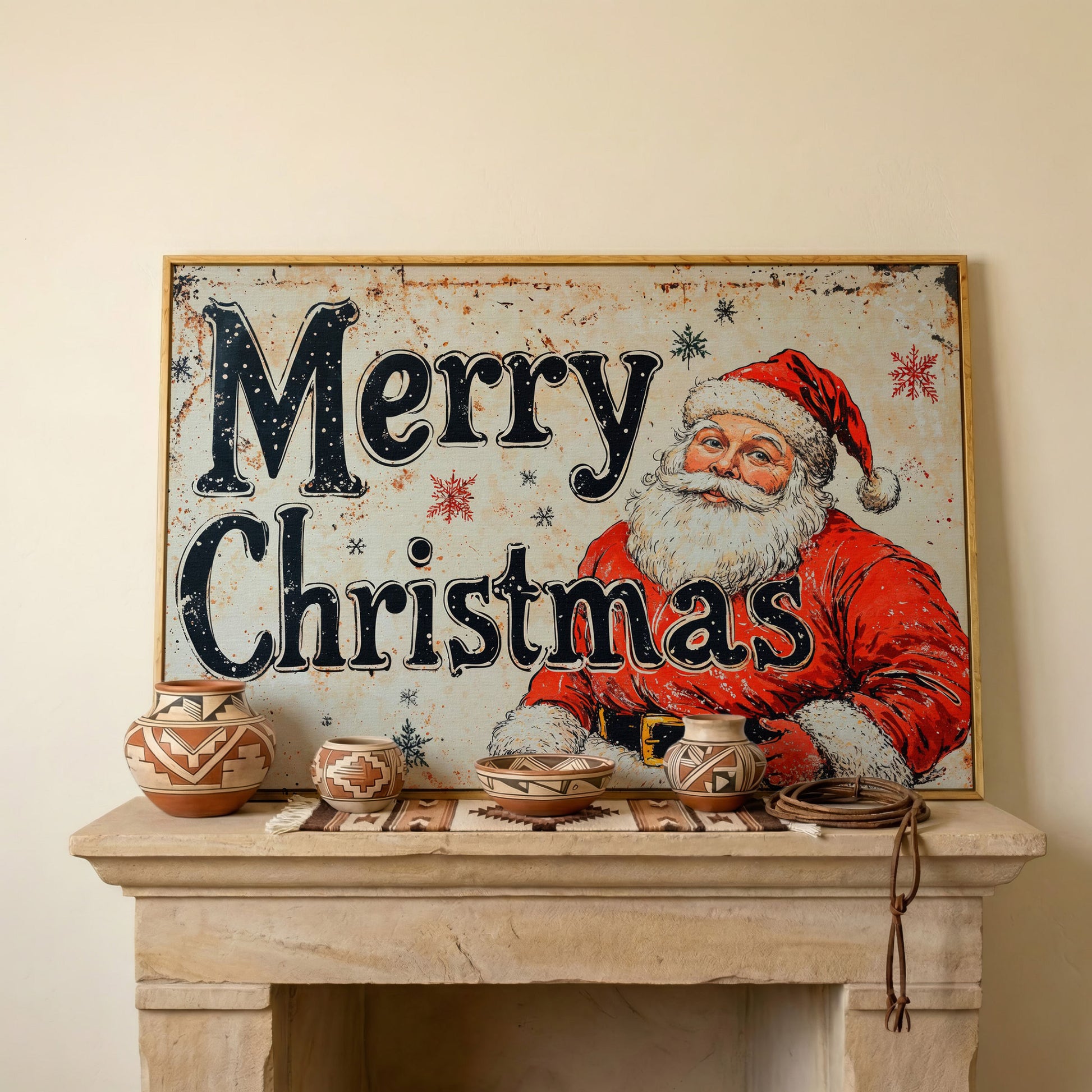 Santa Claus Holiday Canvas Art in white oak floating frame