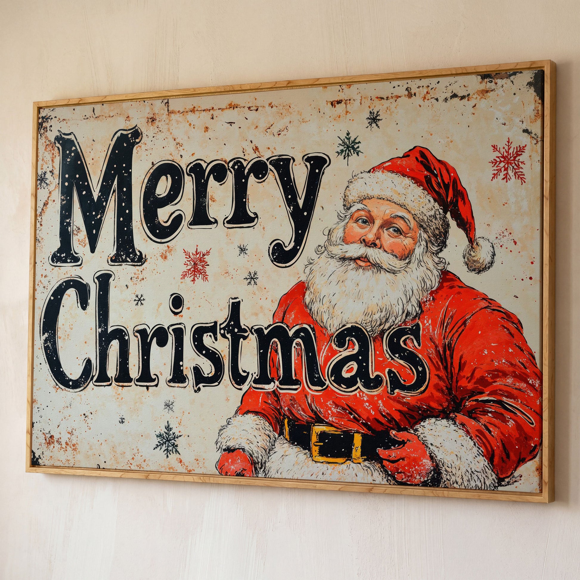 Santa Claus Holiday Canvas Art shown in white oak floating frame