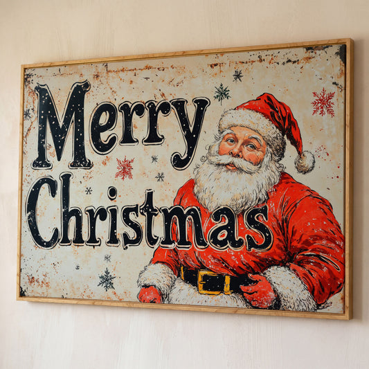 Santa Claus Holiday Canvas Art shown in white oak floating frame