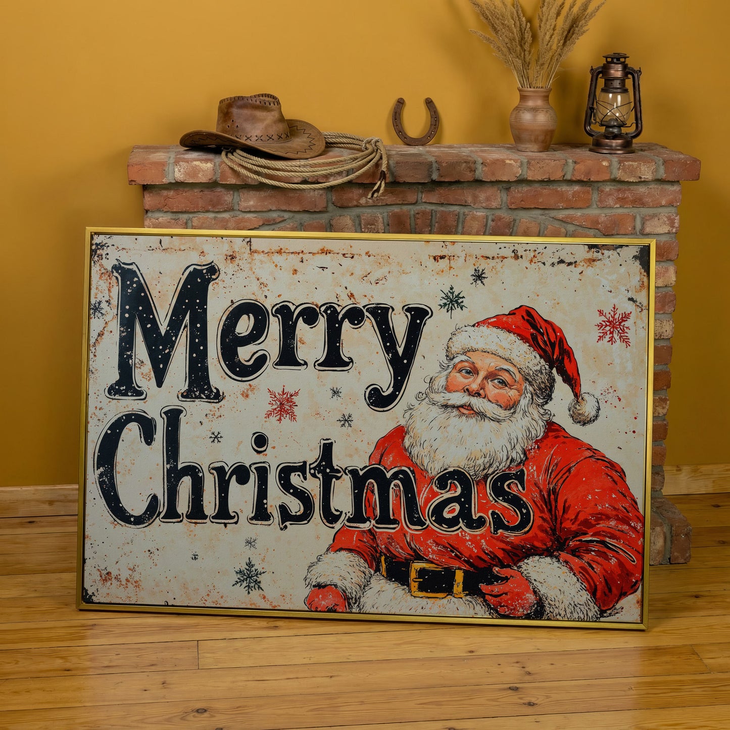 Santa Claus Holiday Canvas Art in yellow gold floating frame