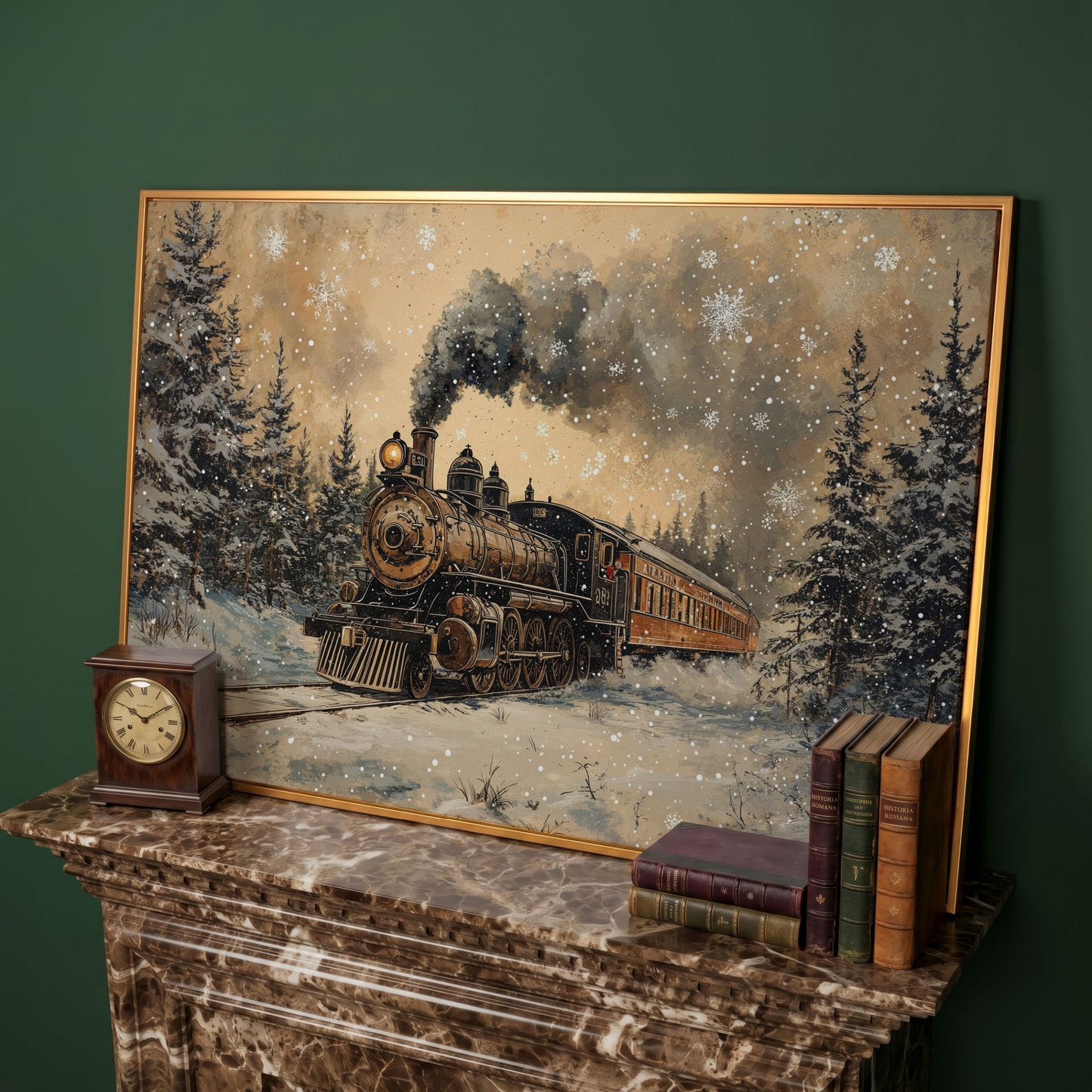 Vintage Christmas Train Winter Landscape Canvas in antique gold floating frame