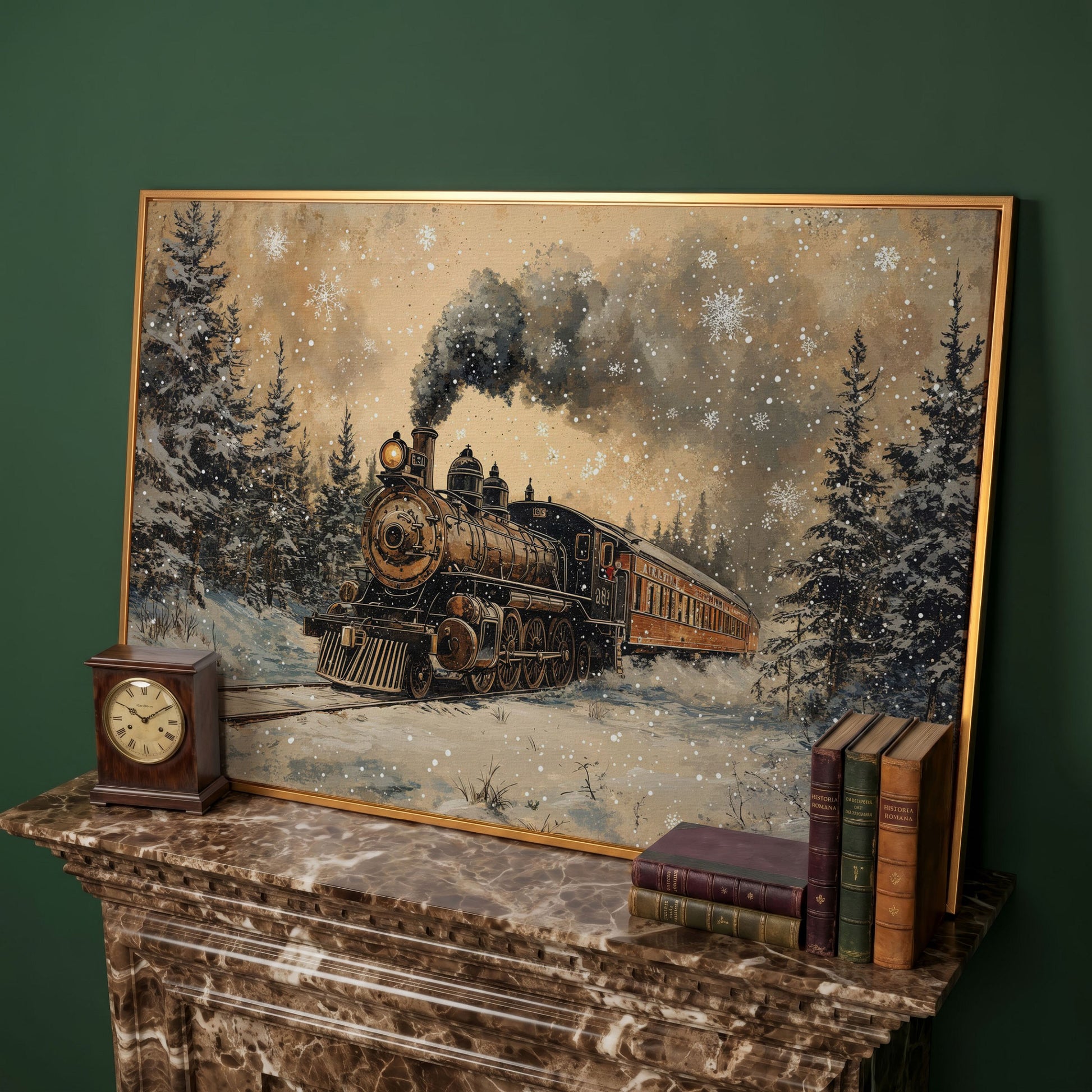 Vintage Christmas Train Winter Landscape Canvas in antique gold floating frame