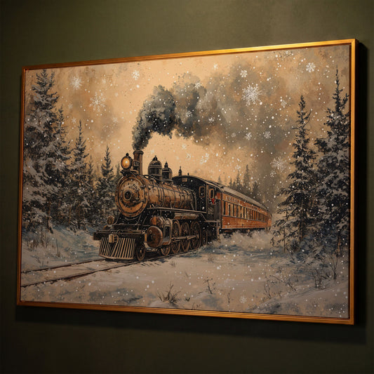 Vintage Christmas Train Winter Landscape Canvas shown in antique gold floating frame
