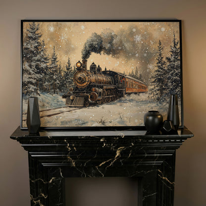 Vintage Christmas Train Winter Landscape Canvas in black floating frame