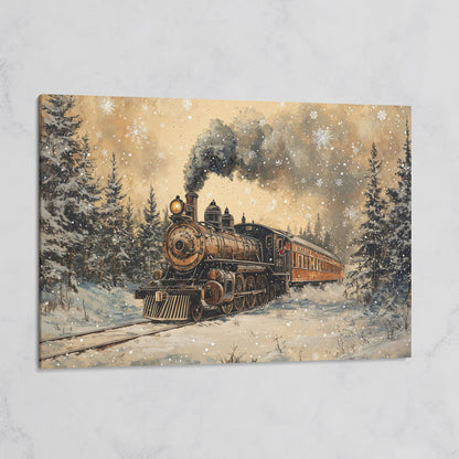Vintage Christmas Train Winter Landscape Canvas on gallery wrap