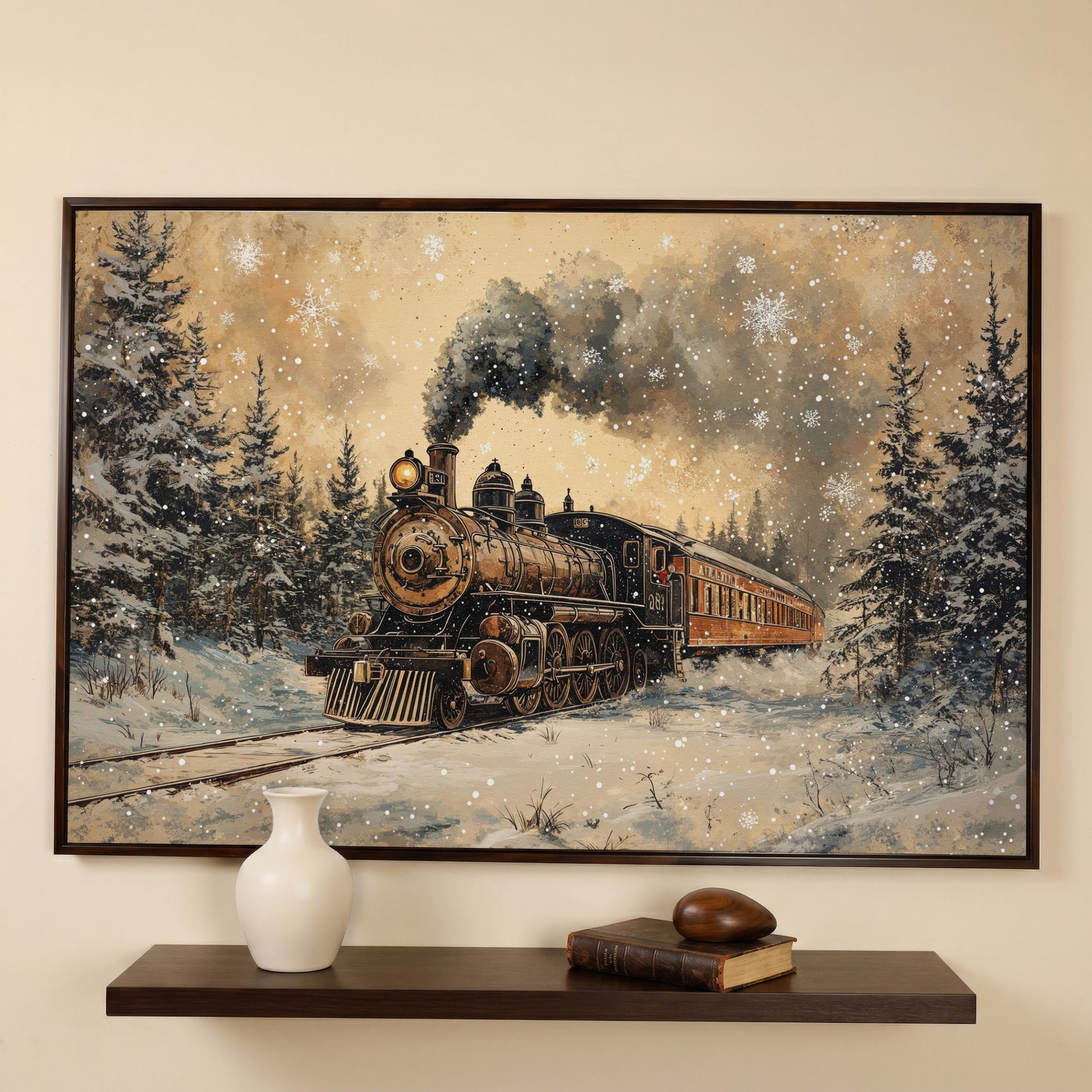 Vintage Christmas Train Winter Landscape Canvas in dark walnut floating frame