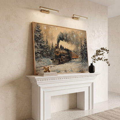 Vintage Christmas Train Winter Landscape Canvas in white oak floating frame