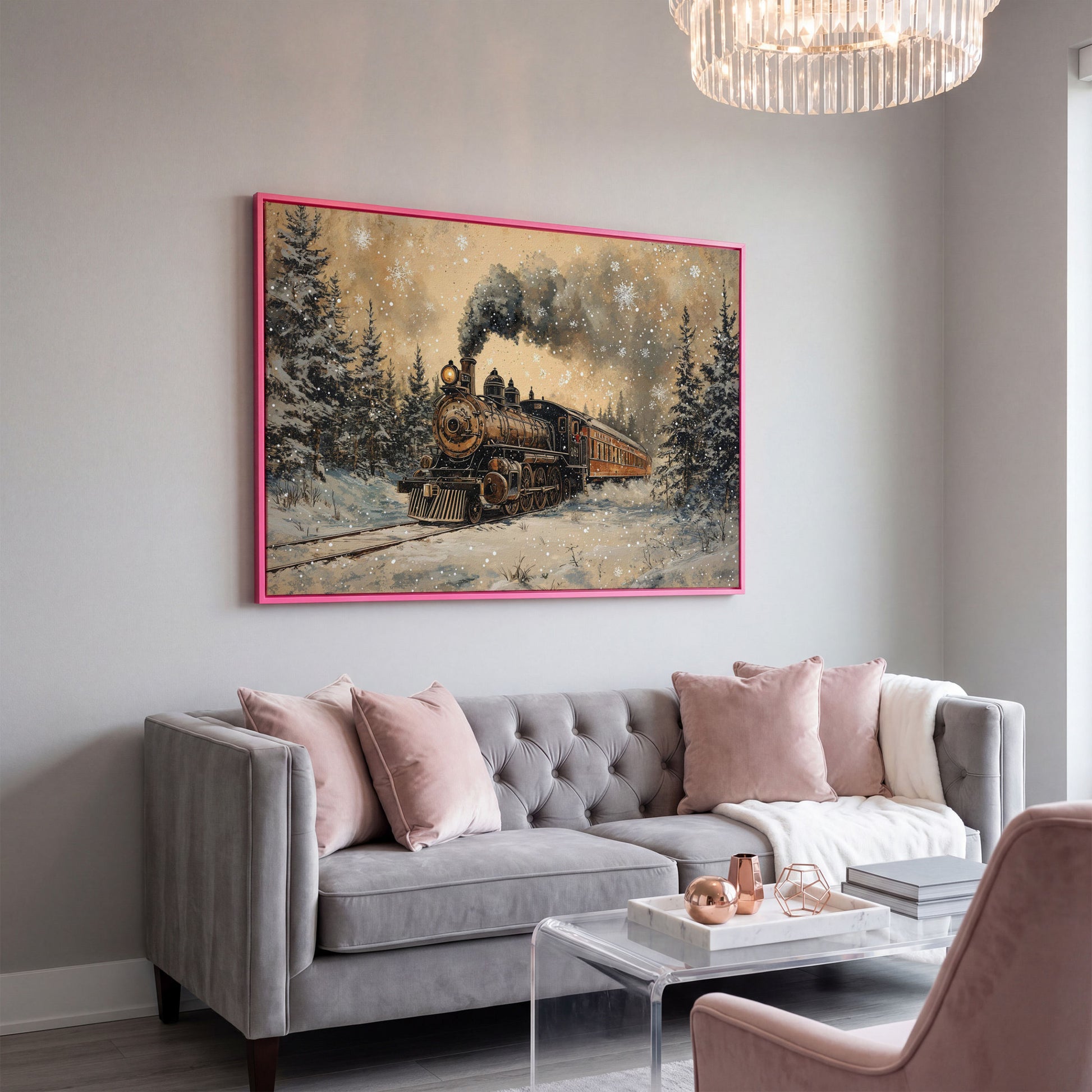Vintage Christmas Train Winter Landscape Canvas in pink floating frame