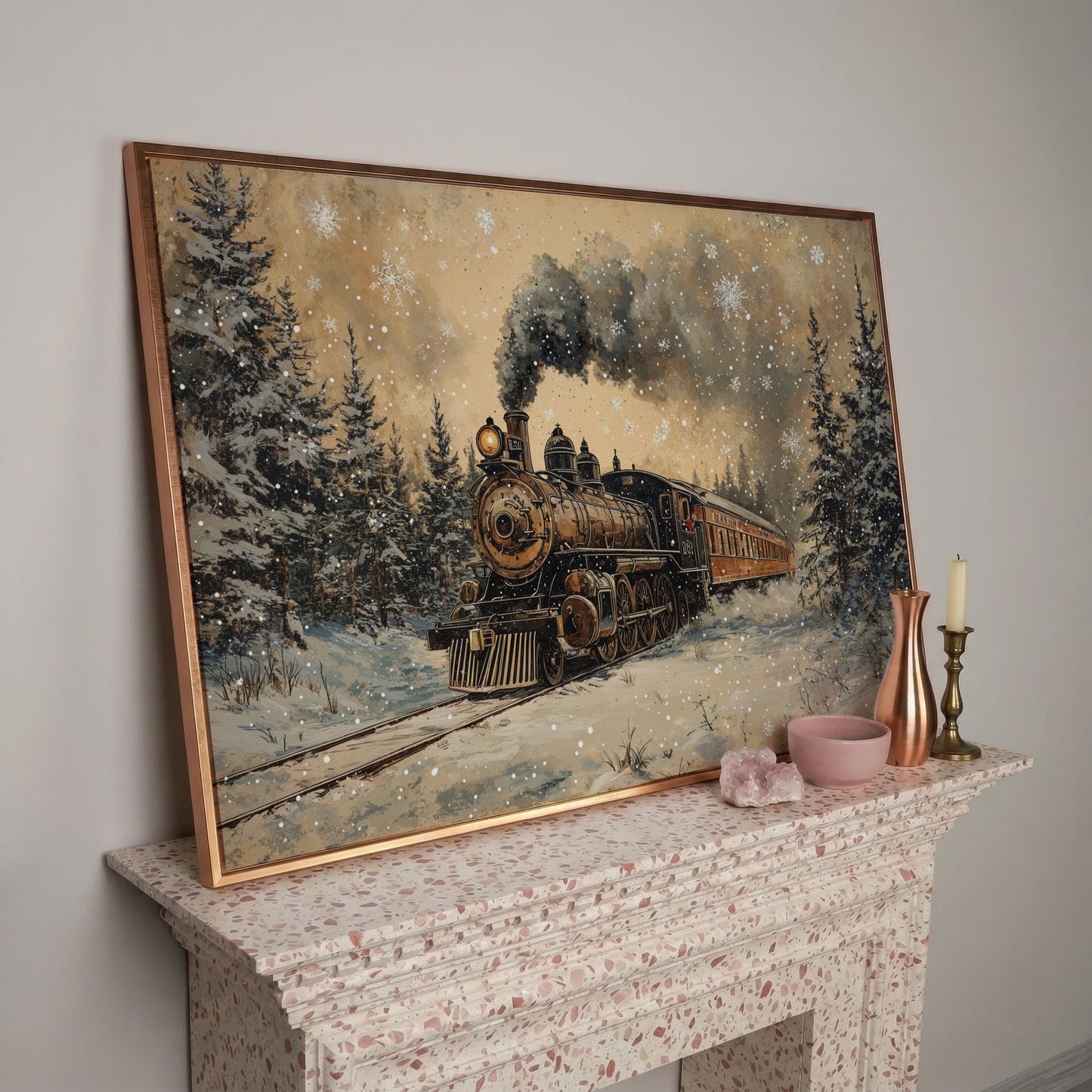 Vintage Christmas Train Winter Landscape Canvas in rose gold floating frame