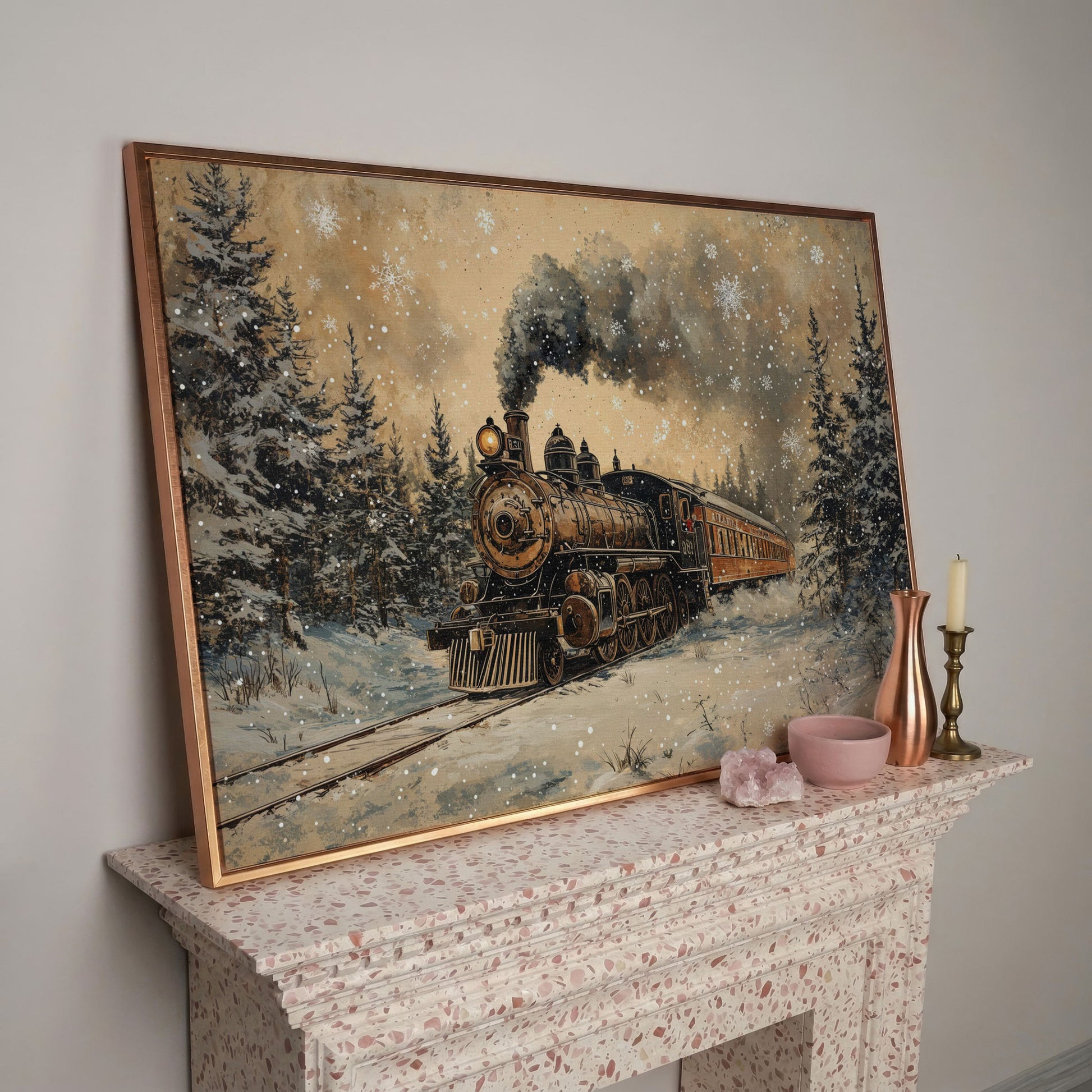 Vintage Christmas Train Winter Landscape Canvas in rose gold floating frame