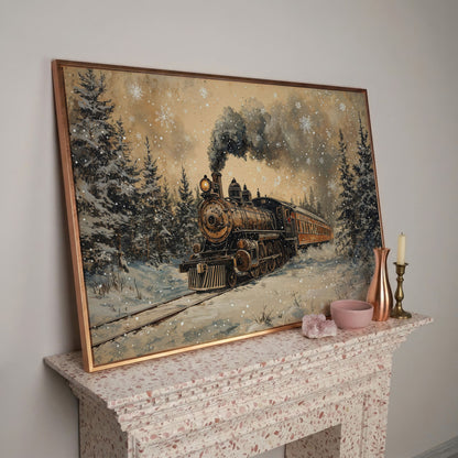 Vintage Christmas Train Winter Landscape Canvas in rose gold floating frame