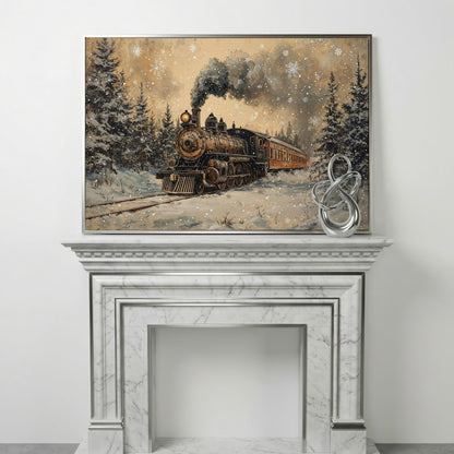 Vintage Christmas Train Winter Landscape Canvas in silver floating frame