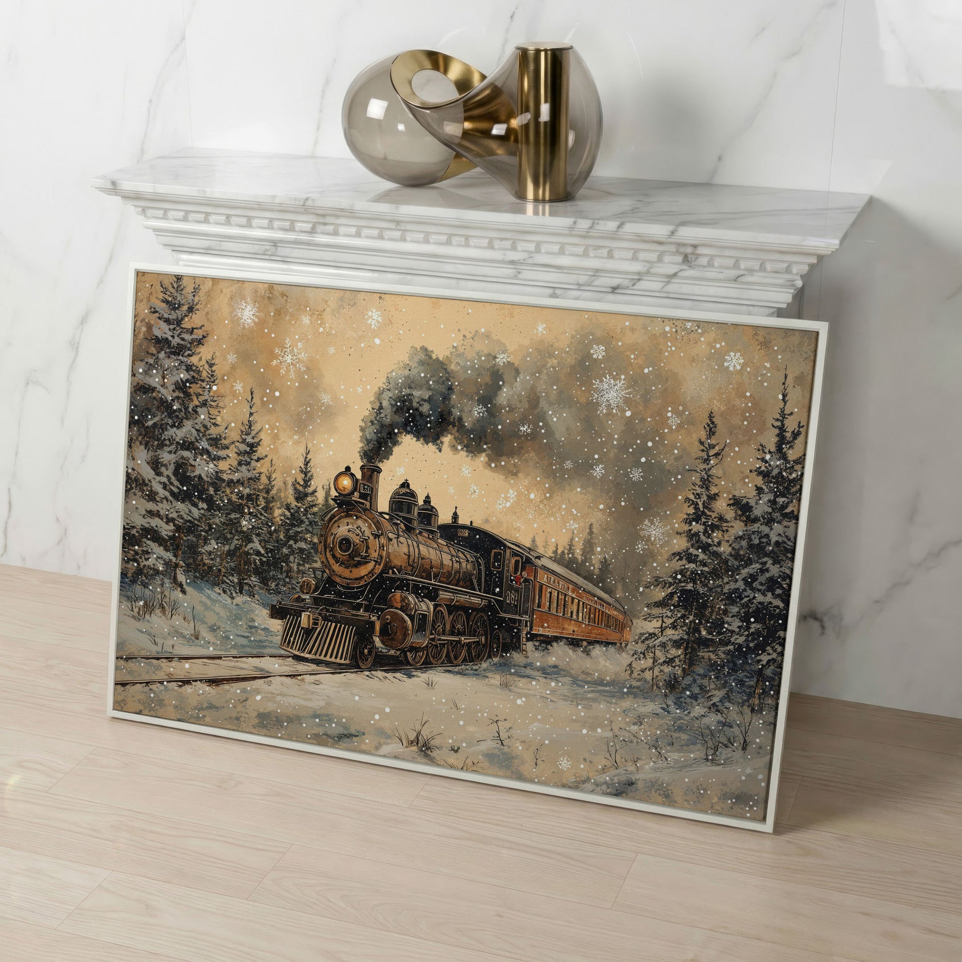 Vintage Christmas Train Winter Landscape Canvas in white floating frame